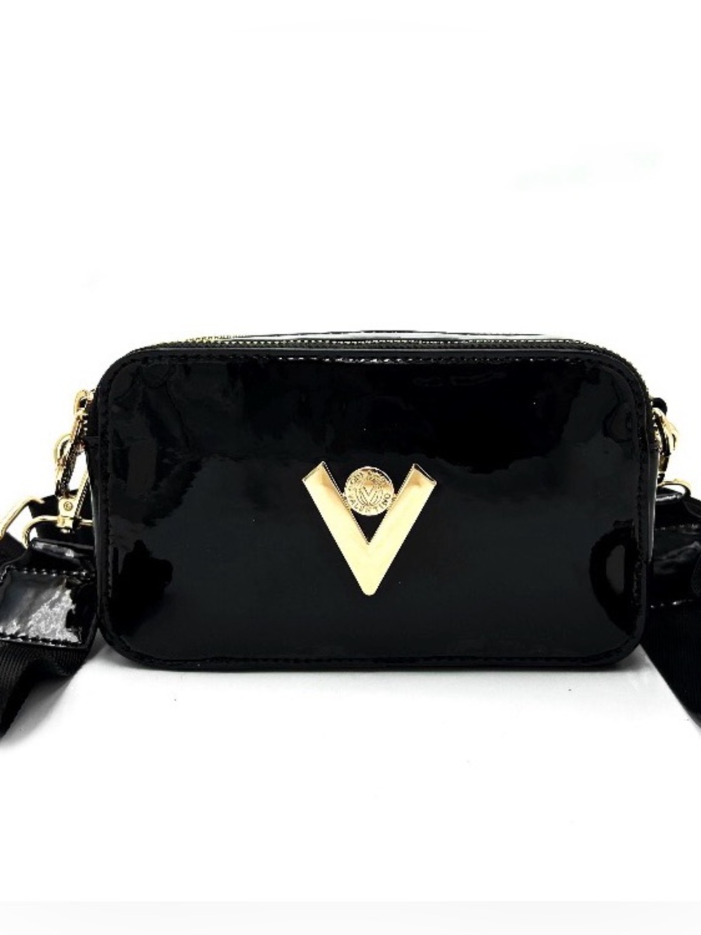 Valentino Orlandi Black Patent Double Zip X-body Bag w/Gold-tone V Accent